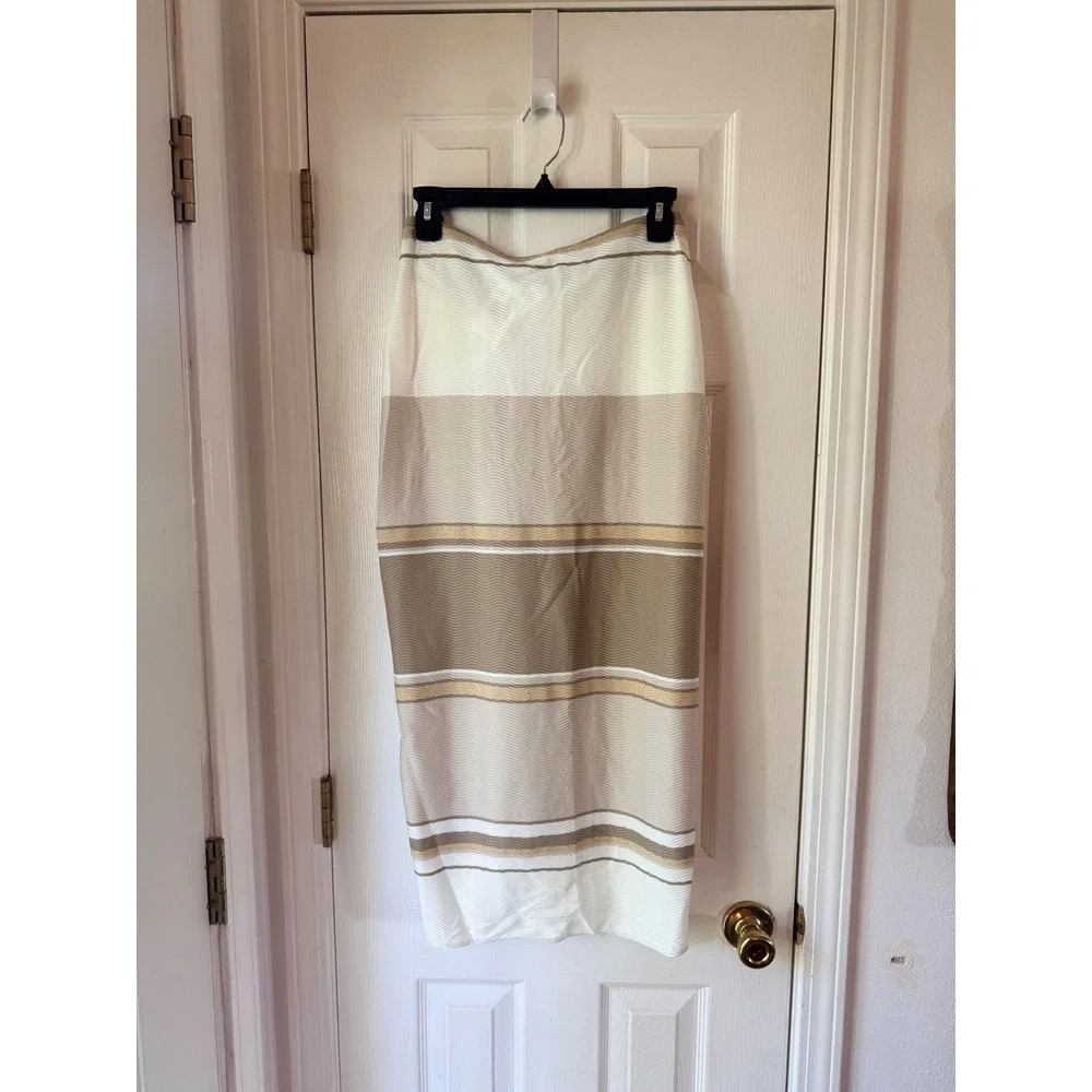 Ramy Brook Xana Swim Cover-Up Skirt Sandstone Stripe Metallic Midi Front Slit M